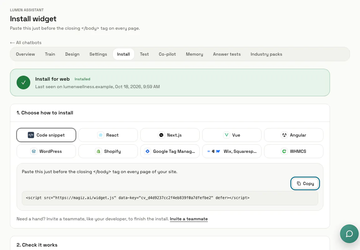 The Install widget page of Lumen Assistant with the one-line code and its Copy button outlined