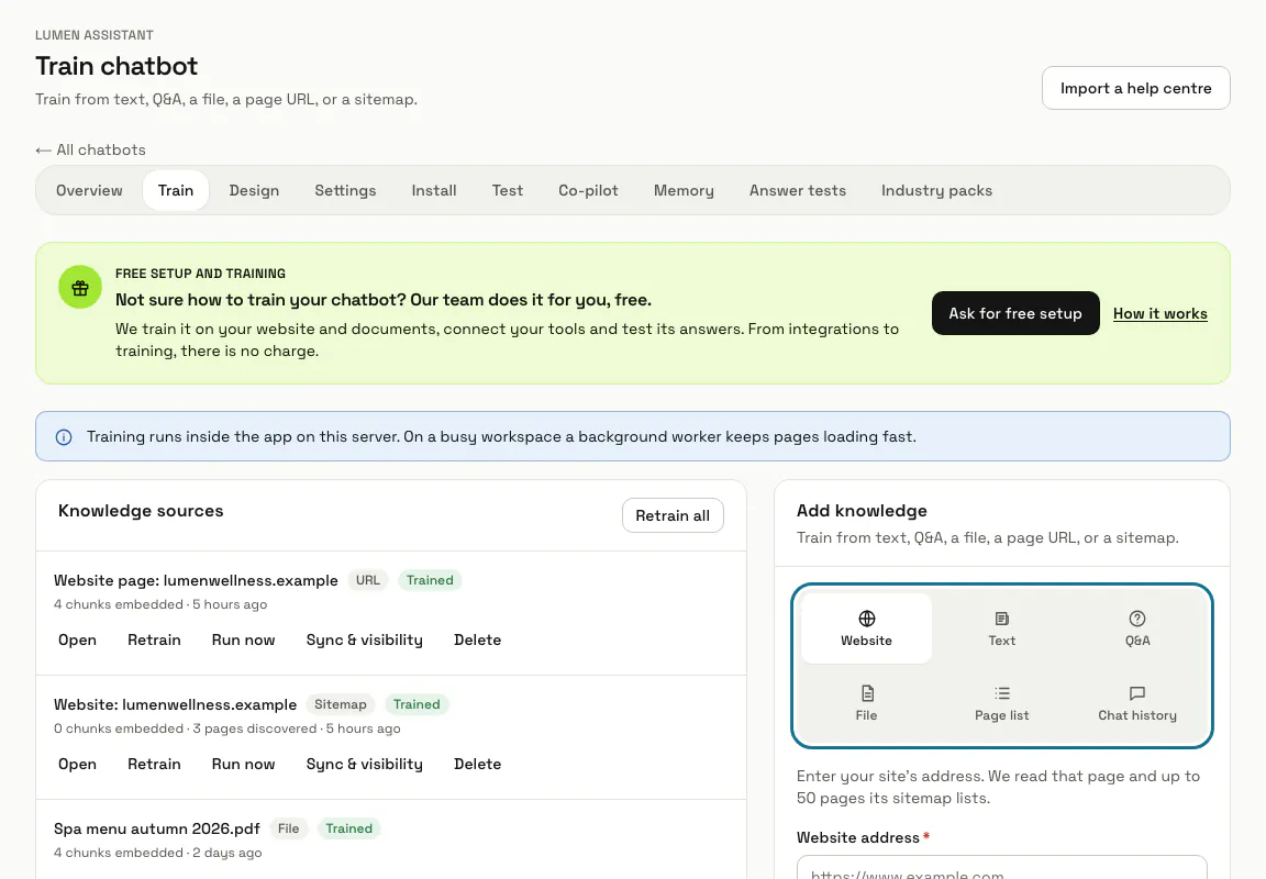 The Train page of Lumen Assistant with the kinds of content you can add outlined