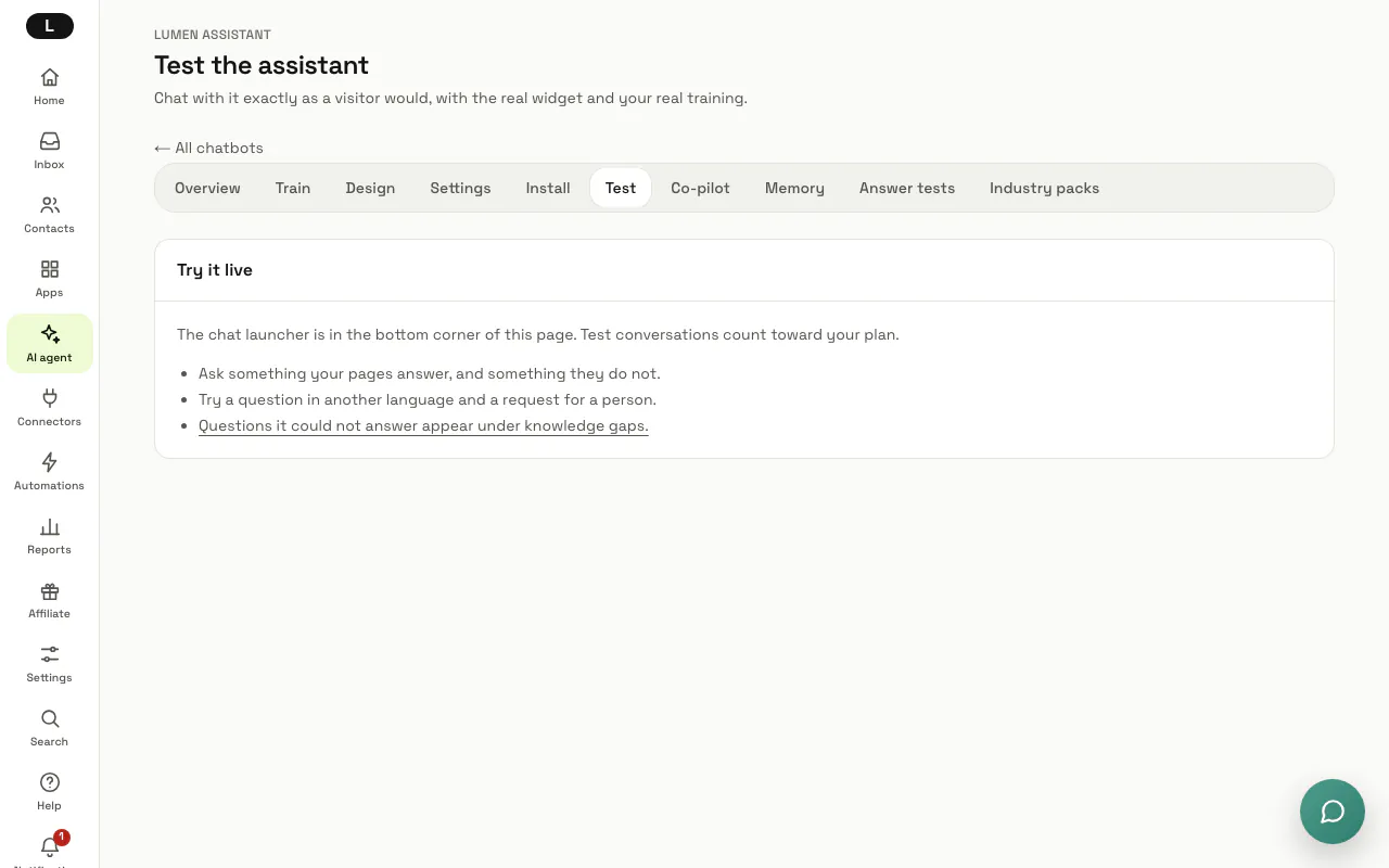 The Test the assistant page with its tips, and the chat button in the bottom corner