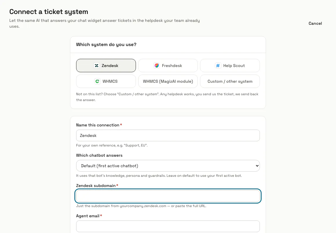 The "Connect a ticket system" page with Zendesk chosen and its three fields, "Zendesk subdomain" outlined