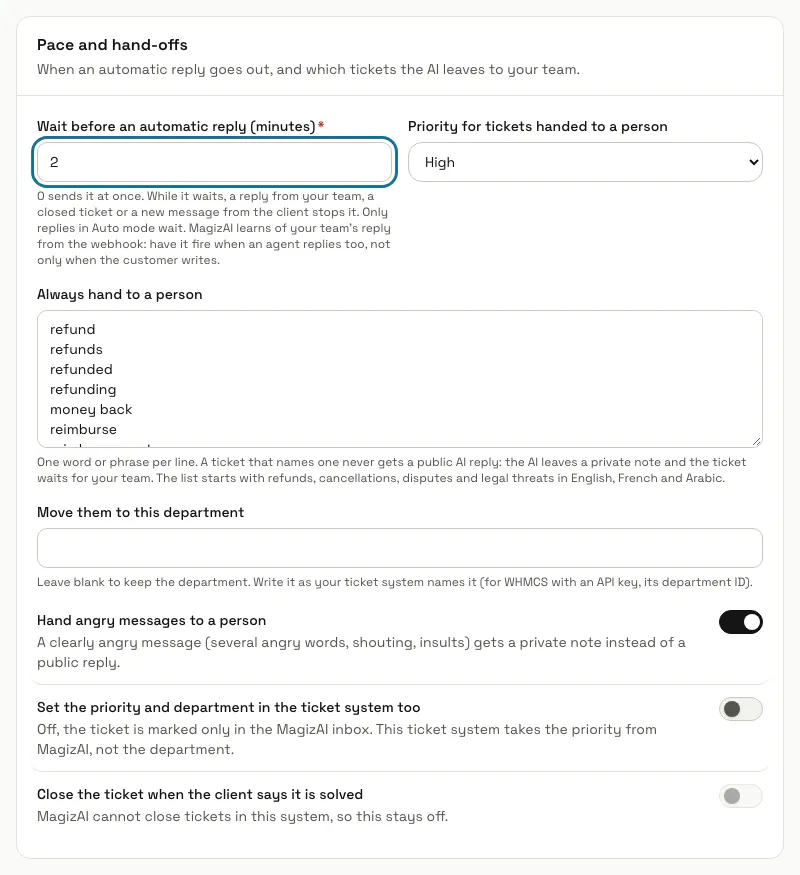 The "Pace and hand-offs" panel of the Zendesk connection with a 2 minute wait, the priority for tickets handed to a person and the "Always hand to a person" list, and the wait outlined