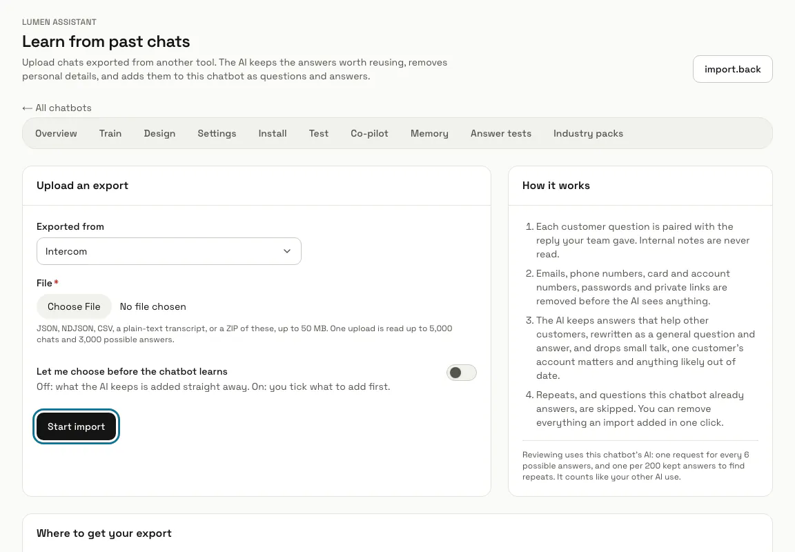 The "Learn from past chats" page with the upload form and how it works, and the "Start import" button outlined