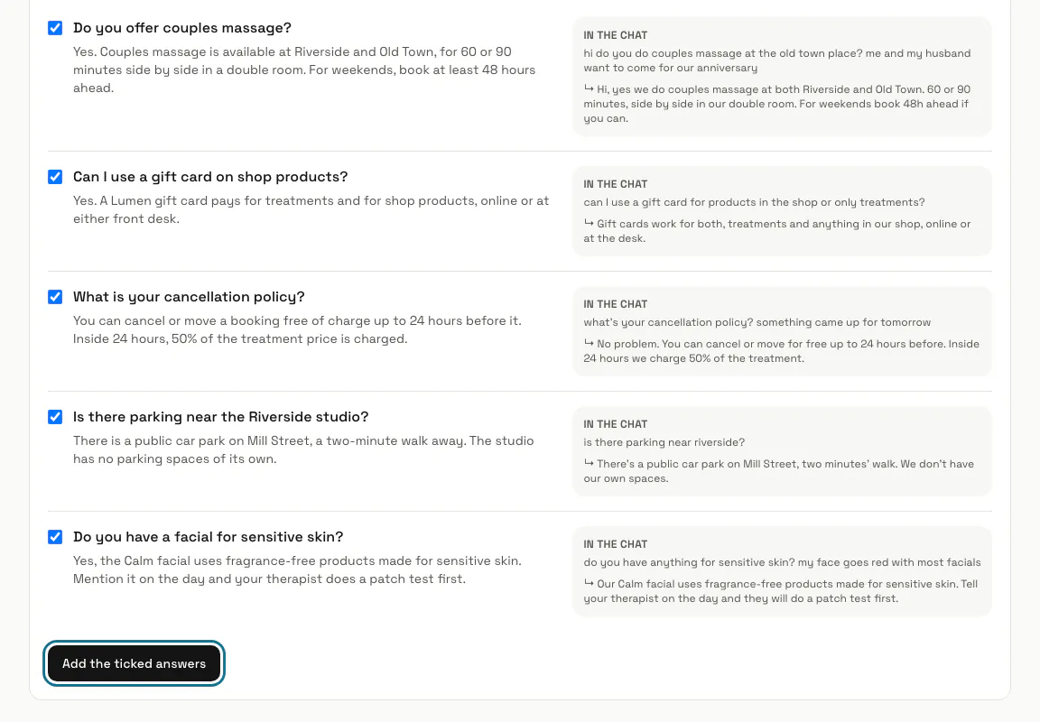 An import waiting for review, with five kept answers ticked and the "Add the ticked answers" button outlined