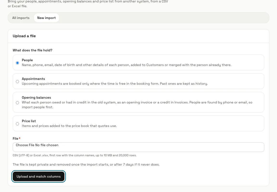 The New import page with the four kinds of file and the File field, and "Upload and match columns" outlined