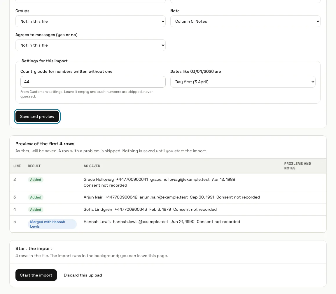 An uploaded file with its columns matched and a preview of its rows, and "Save and preview" outlined