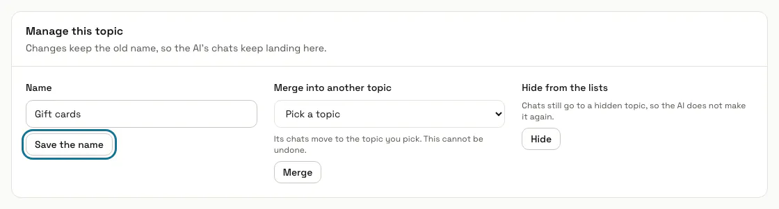 The Manage this topic panel with the name field and the "Save the name" button outlined