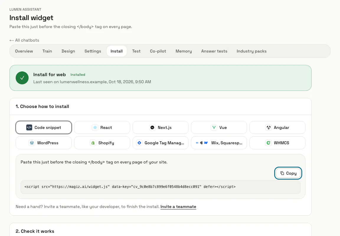 The Install page marked Installed, with the platform buttons and the code snippet, and "Copy" outlined
