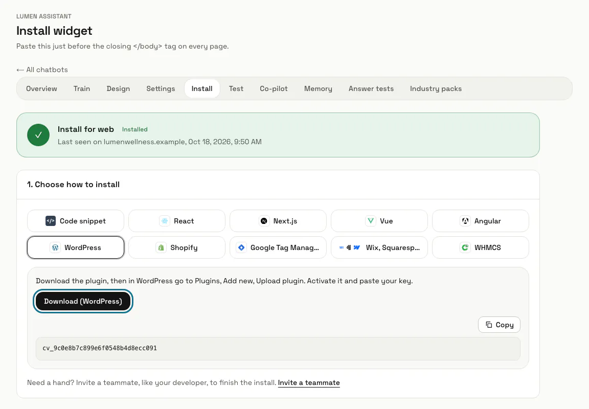 The WordPress tab with the "Download (WordPress)" button and the chatbot's key below it