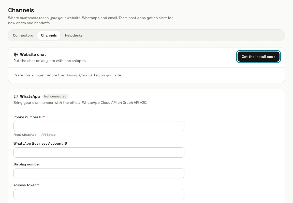 The Channels page with the "Website chat" card and its "Get the install code" button outlined