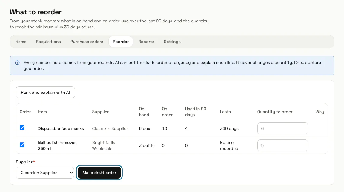 What to reorder with two items short of their minimum and the "Make draft order" button outlined