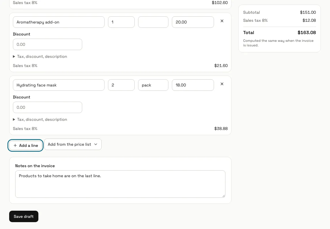 A draft invoice for a facial with three lines, a sales tax and the totals, and the "Add a line" button outlined