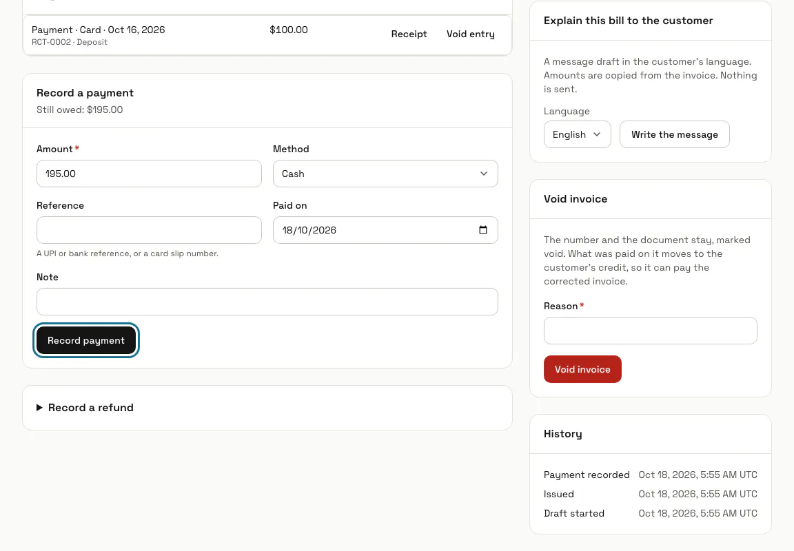 A part paid invoice with its deposit and receipt listed, and the "Record payment" button outlined