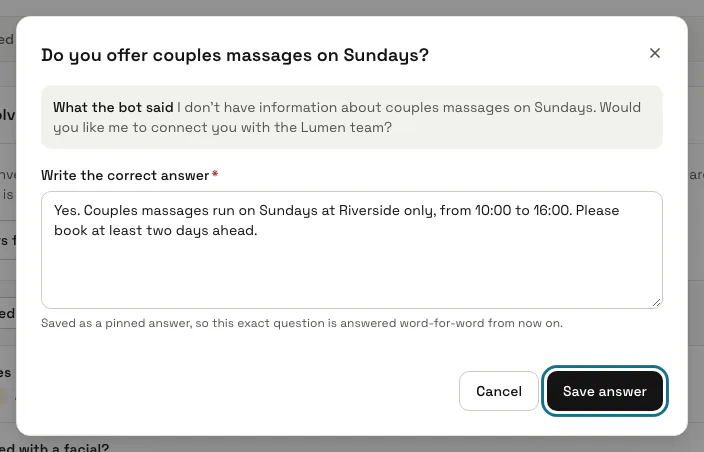 The Answer it window for the Sunday couples massage question, with what the bot said, a correct answer typed in and "Save answer" outlined