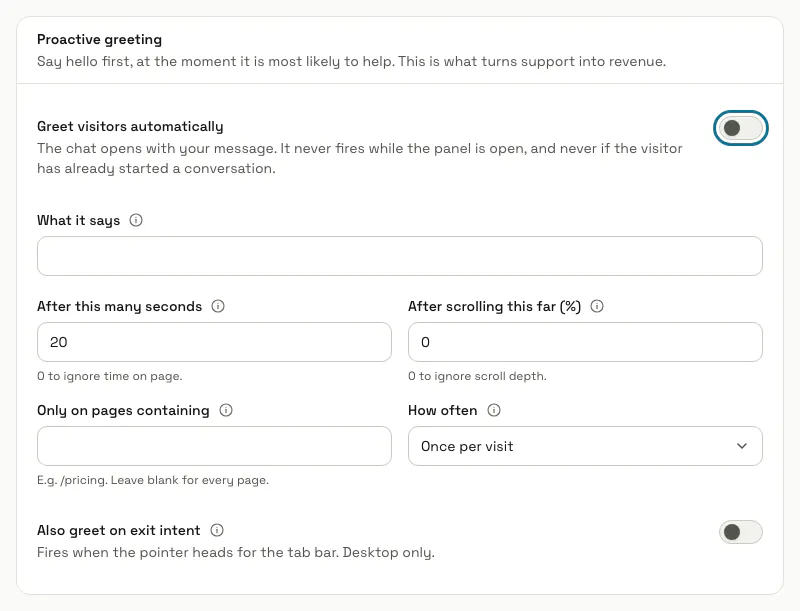 The Proactive greeting settings of the chatbot, with the "Greet visitors automatically" switch outlined