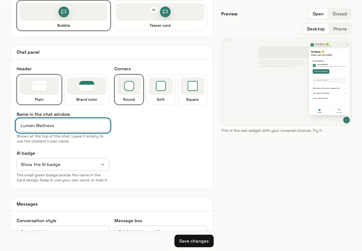 The Card design chosen, with "Name in the chat window" set to Lumen Wellness and the AI badge setting below it, the name field outlined