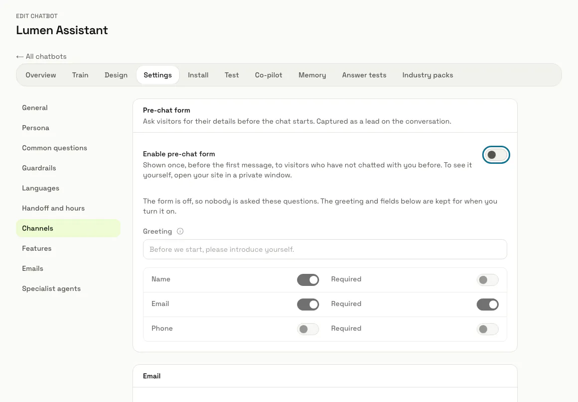 The Channels tab with the pre-chat form settings and the "Enable pre-chat form" switch outlined