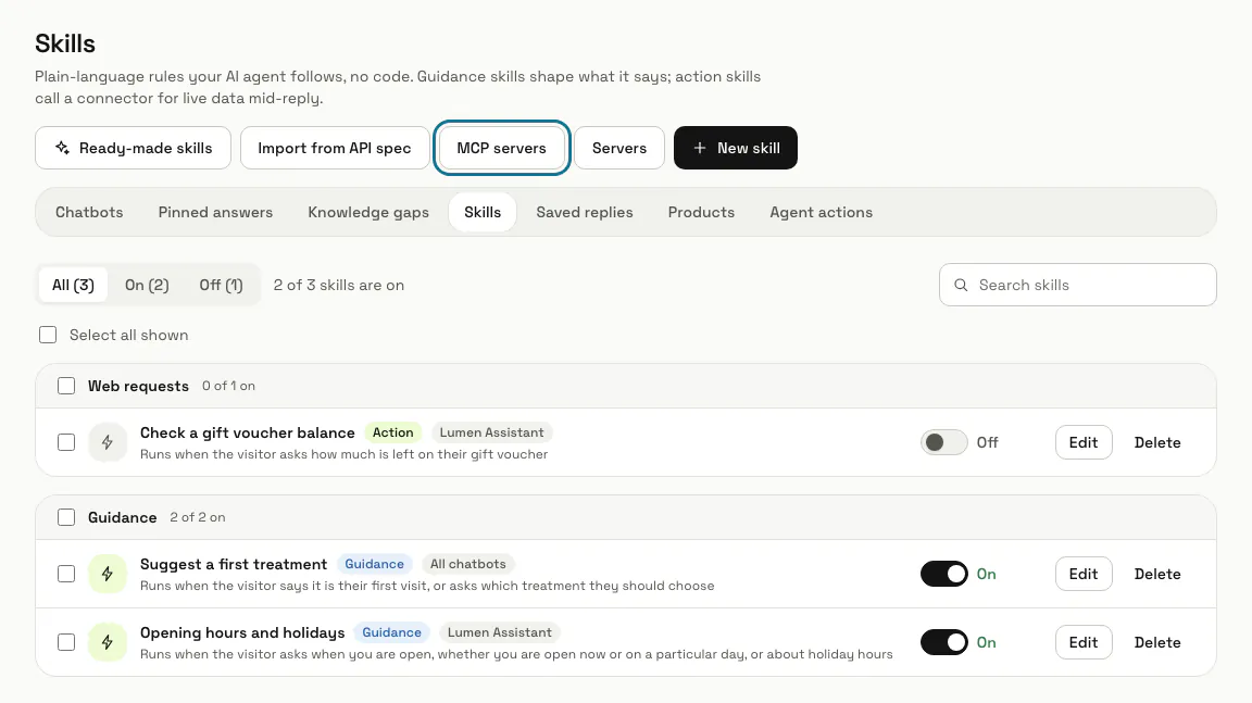 The Skills page with the "MCP servers" button outlined