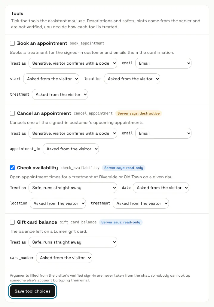 The tools of the "Spa booking system" server with "Check availability" ticked, the "Treat as" choices and "Save tool choices" outlined