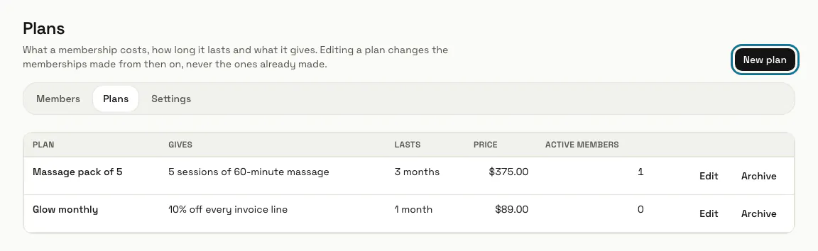 The Plans tab with "Glow monthly" at 10% off every invoice line and "Massage pack of 5", and "New plan" outlined