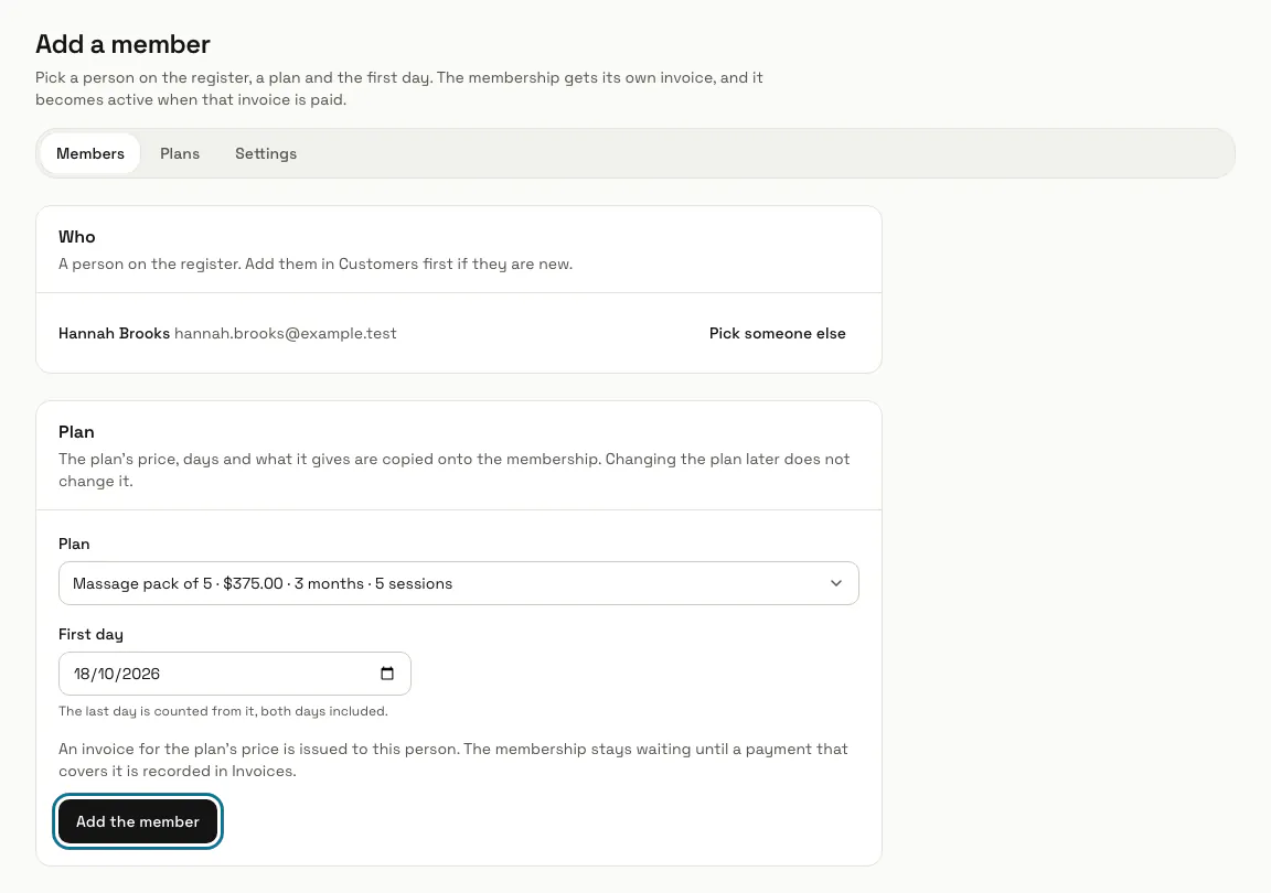 Add a member with Hannah Brooks chosen, the plan and the first day, and the "Add the member" button outlined