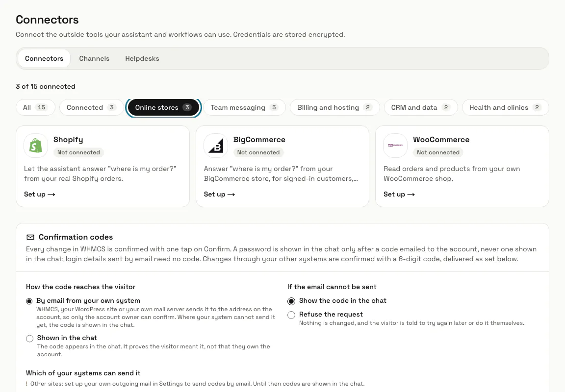 The Connectors page filtered to "Online stores", with the Shopify, BigCommerce and WooCommerce tiles