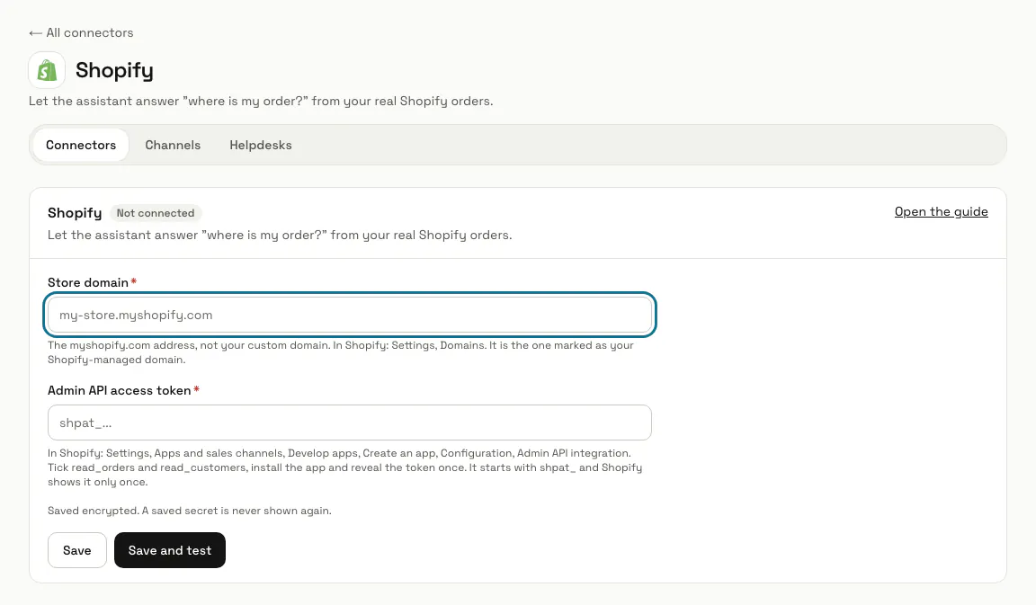The Shopify connector page with the "Store domain" and "Admin API access token" fields, "Store domain" outlined