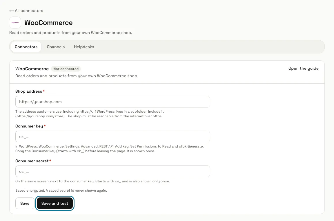 The WooCommerce connector page with "Shop address", "Consumer key" and "Consumer secret", and "Save and test" outlined