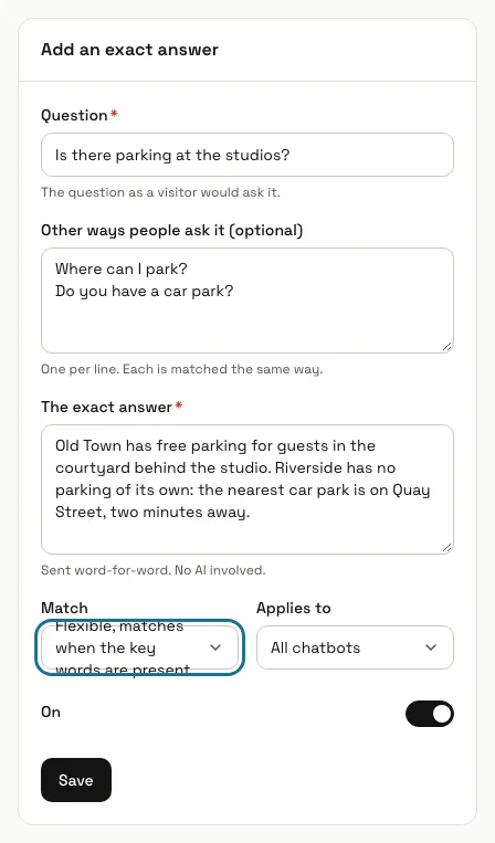 The "Add an exact answer" form filled in for a parking question, with the "Match" choice outlined