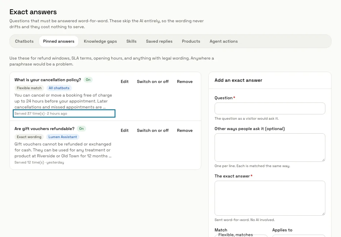 The Exact answers list with two answers, their match and chatbot badges, and "Served 37 time(s)" outlined