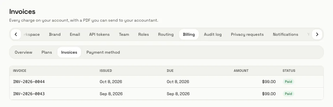 The Invoices list with two paid invoices for the plan, each with its issue date, due date and amount