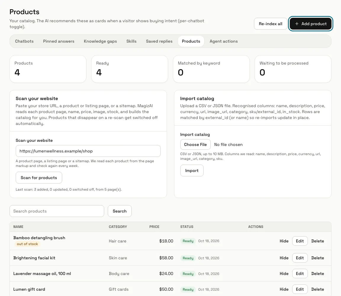 The Products page with four spa products, the scan and import panels, and "Add product" outlined