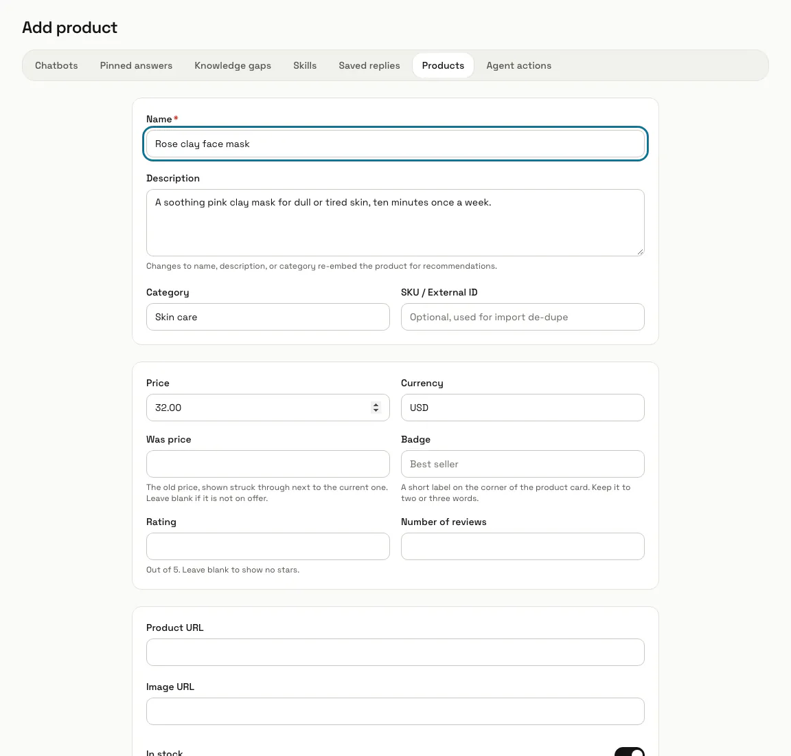 The "Add product" form filled in for a rose clay face mask, the name field outlined