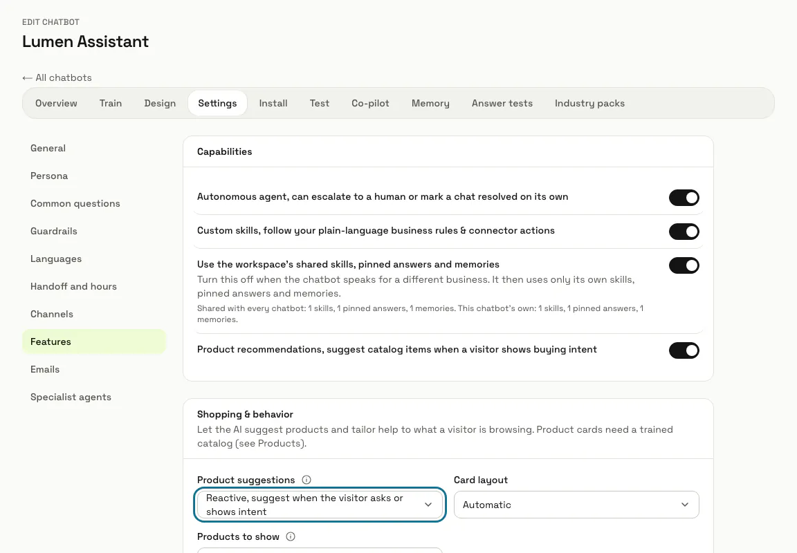 The Features tab with the "Shopping & behavior" settings and "Product suggestions" outlined