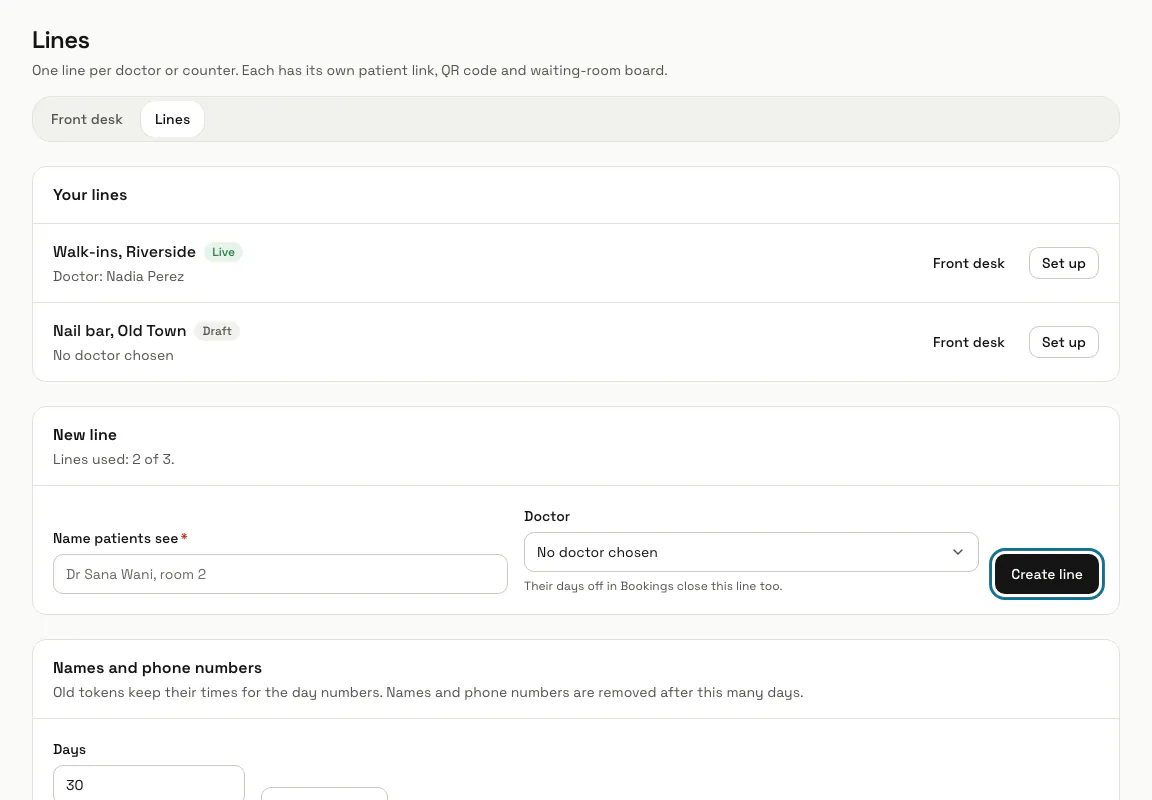 The Lines tab with a live line and a draft line, and the "Create line" button of the New line form outlined