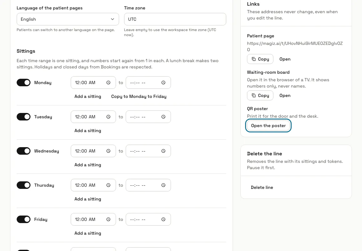 A line's page with its status and links, and "Open the poster" outlined