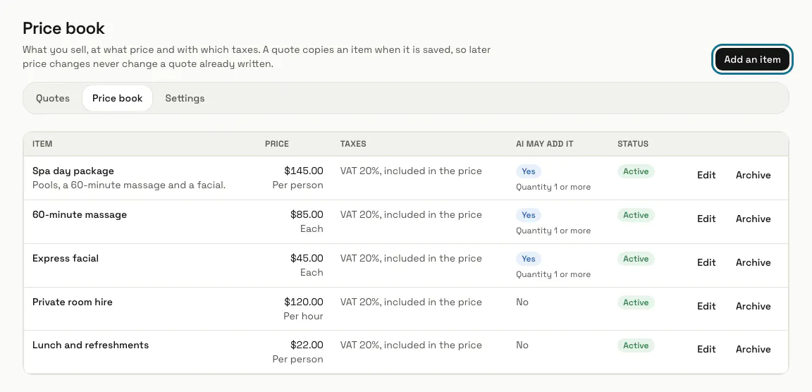The Price book with a spa's packages and treatments, their prices and taxes, and "Add an item" outlined
