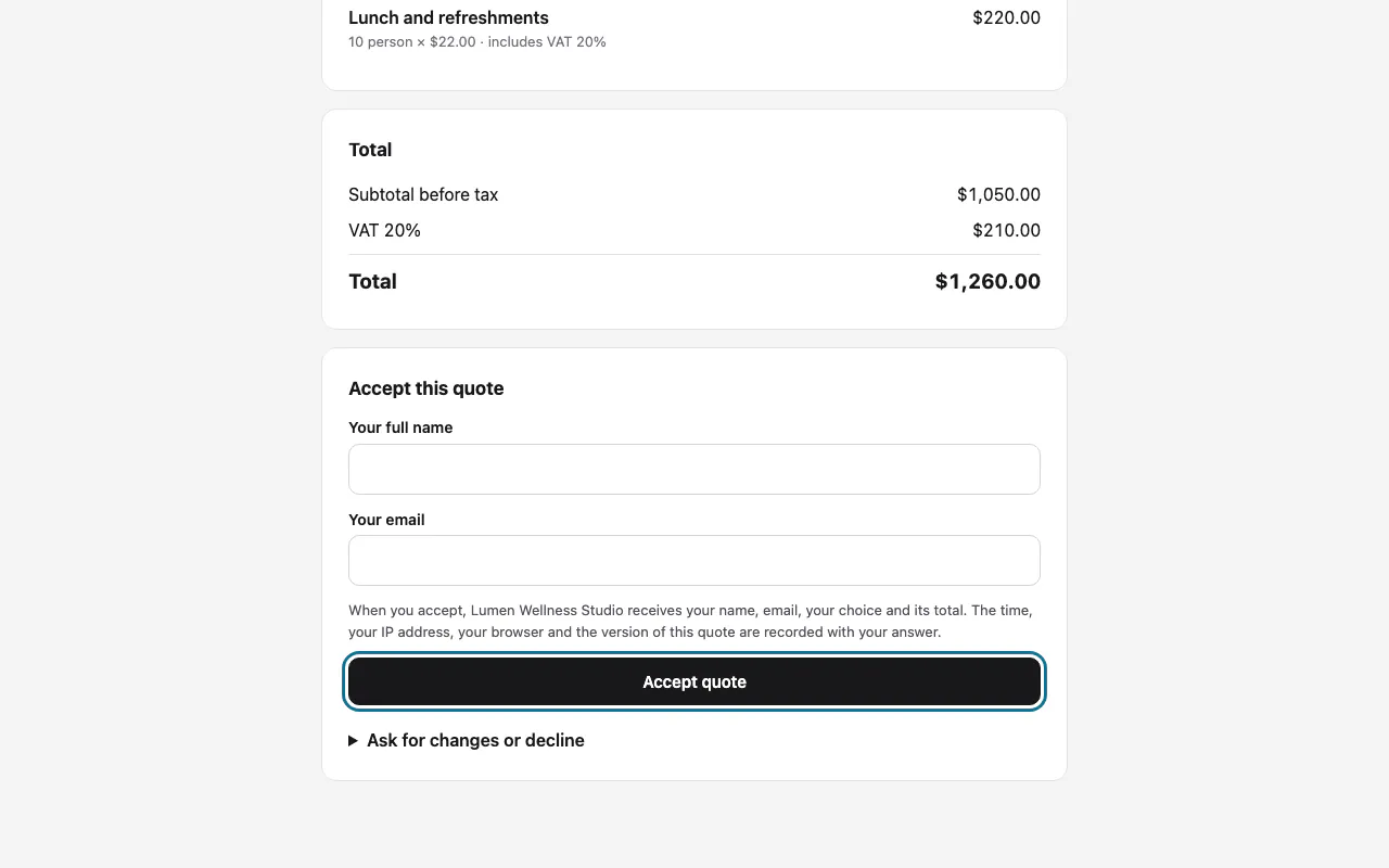 The customer's quote page with the lines, the total and the "Accept quote" button outlined