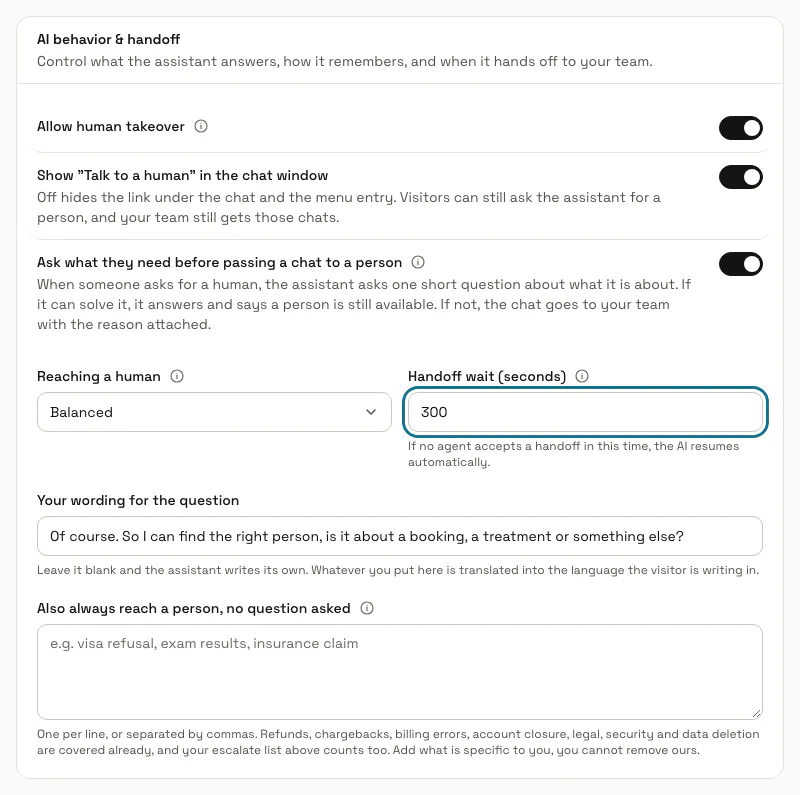 The AI behavior & handoff box with "Reaching a human" on Balanced and "Handoff wait (seconds)" at 300, the wait outlined