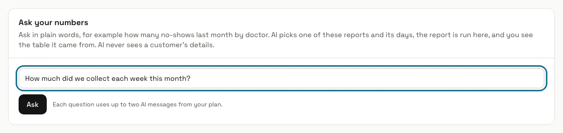 The Ask your numbers box with a question typed in