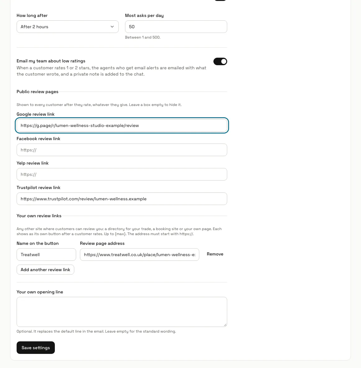 The Review settings with the asking switch, when to ask, and the public review links, and "Google review link" outlined