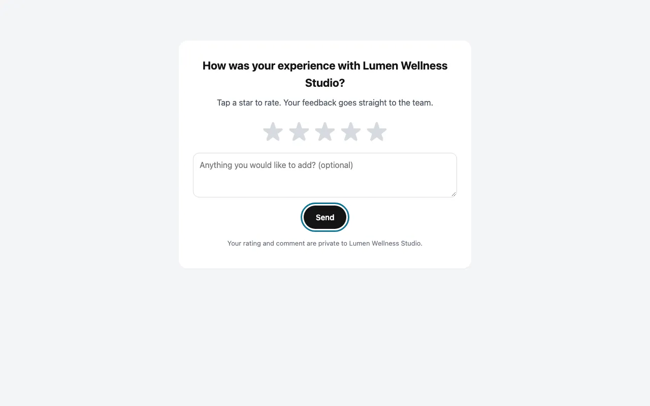 The public review page with five stars, a comment box and the "Send" button outlined