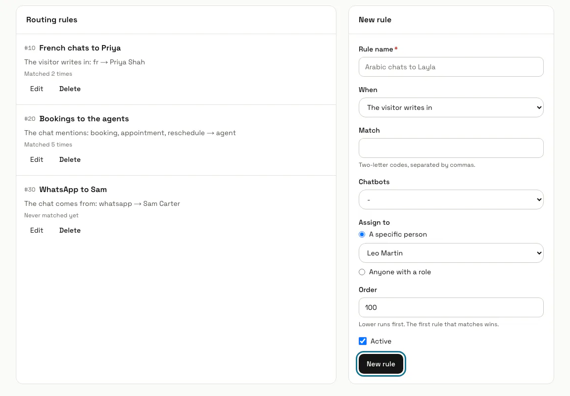 Routing rules with three rules and the new rule form, "New rule" outlined