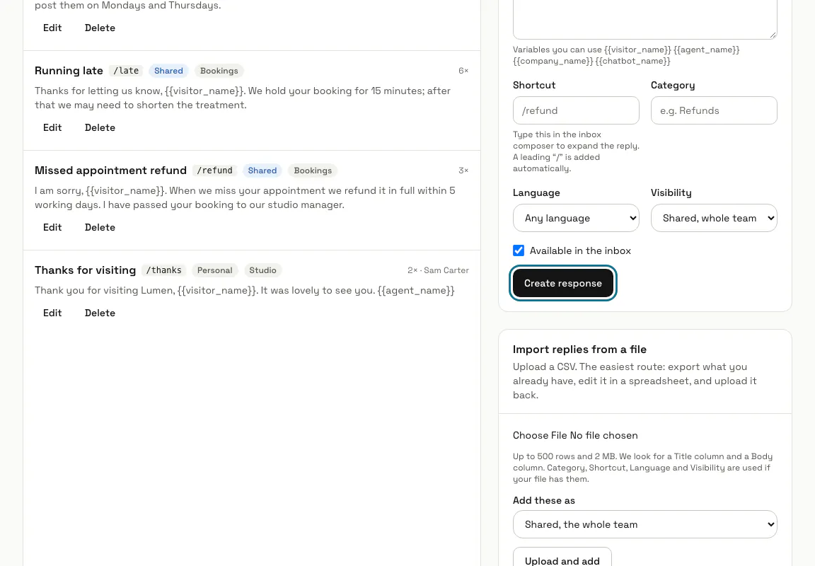 Canned responses with five saved replies and the "Create response" button outlined