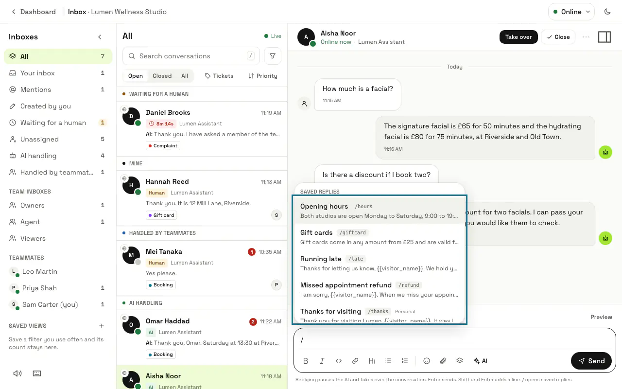 The inbox reply box with / typed and the Saved replies list open above it
