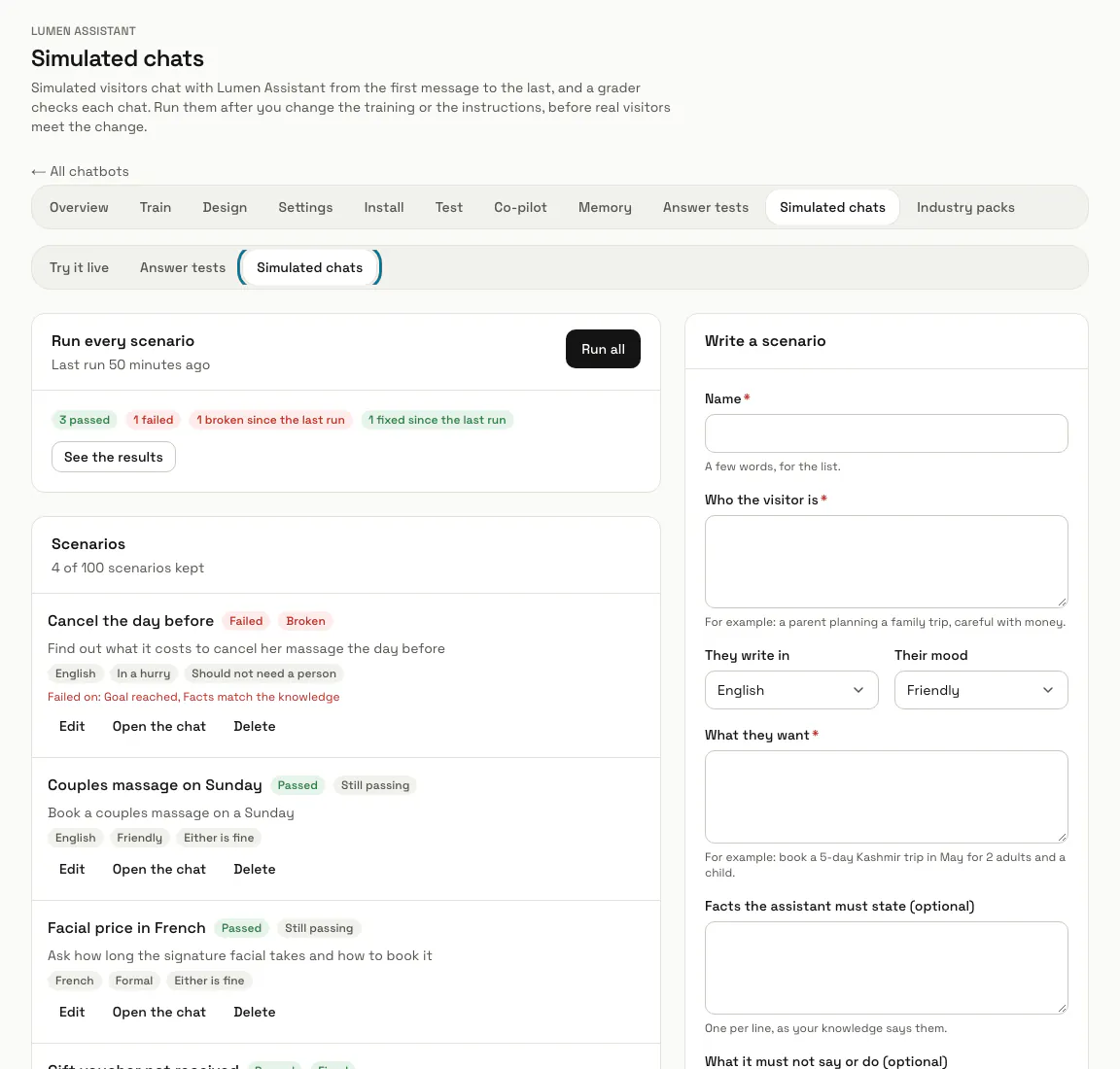 The Simulated chats page for Lumen Assistant with four scenarios and the last run, and the "Simulated chats" tab outlined