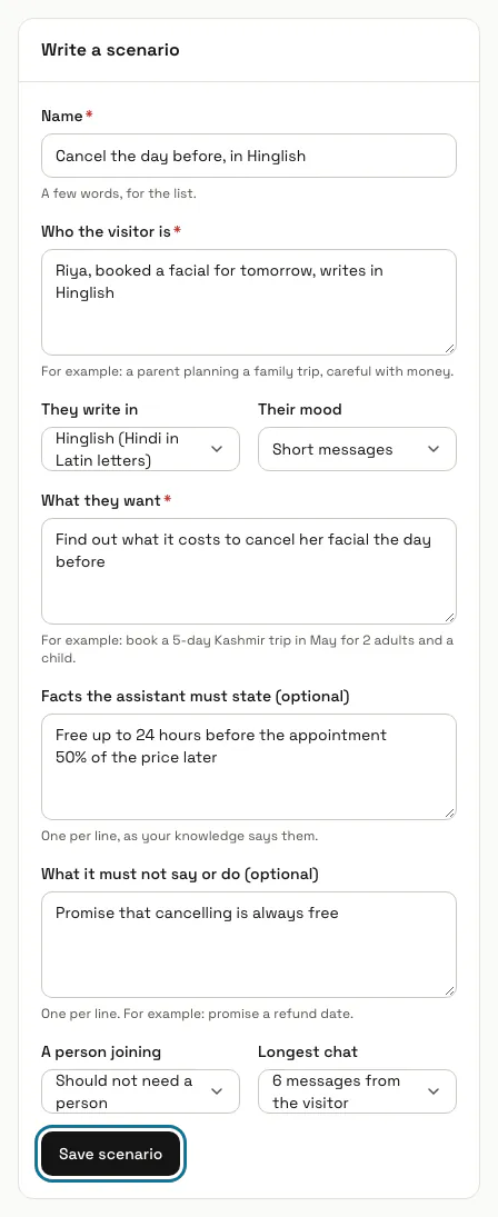 The Write a scenario form filled in for a visitor who wants to cancel the day before, with "Save scenario" outlined