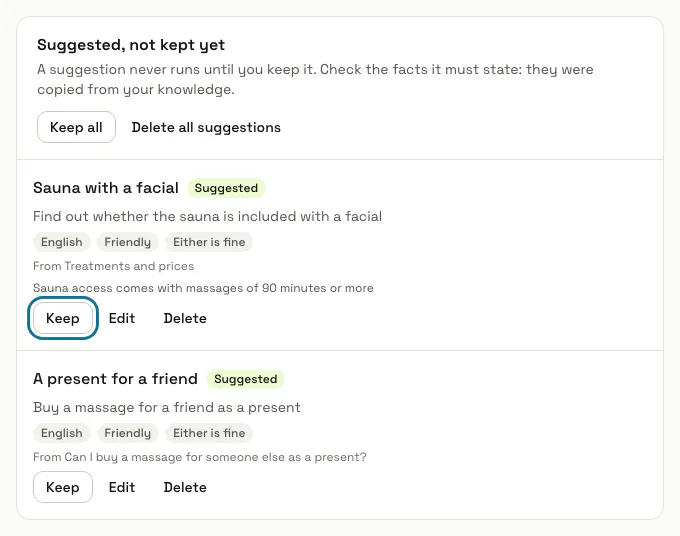 Two suggested scenarios under "Suggested, not kept yet", with "Keep" outlined on the first