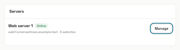 The Servers list with "Web server 1" online and its websites, and its "Manage" button outlined
