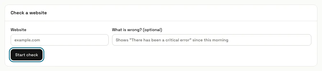 The "Check a website" panel with the Website and "What is wrong?" fields and the "Start check" button outlined