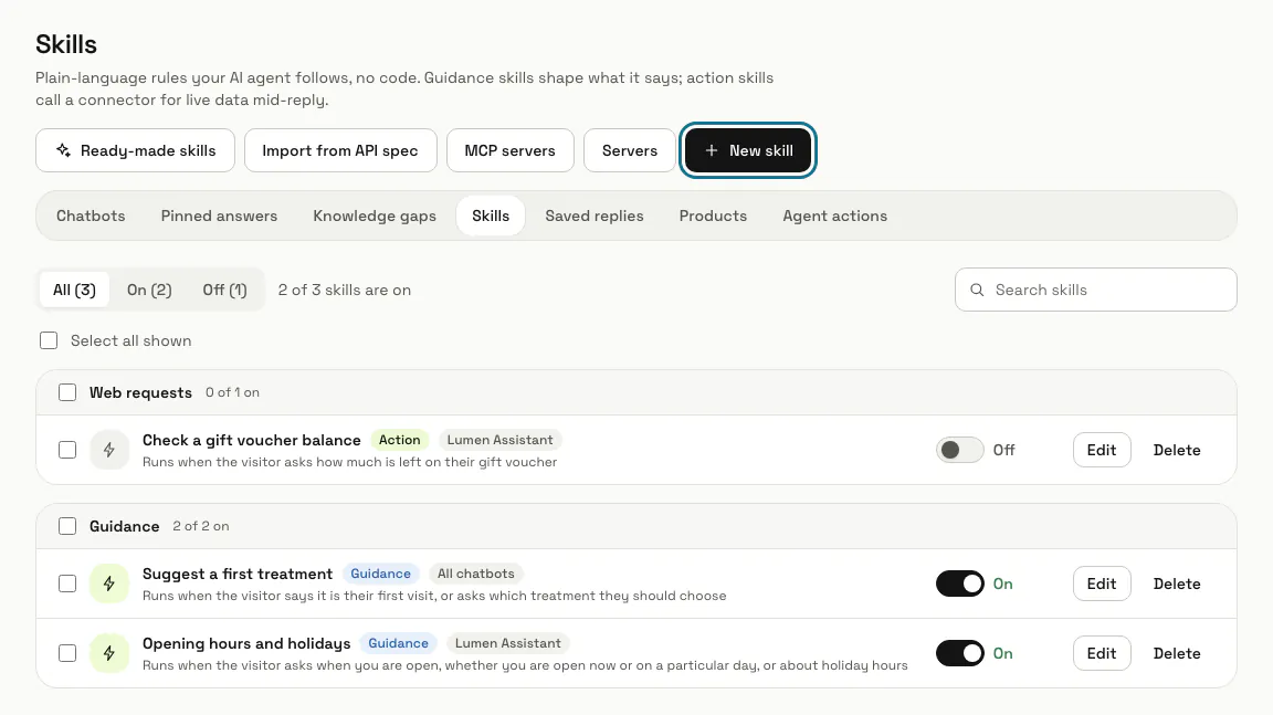 The Skills list with two guidance skills and one switched-off web request skill, and the "New skill" button outlined